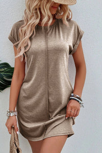 Beige Rolled Cuff Tshirt Dress