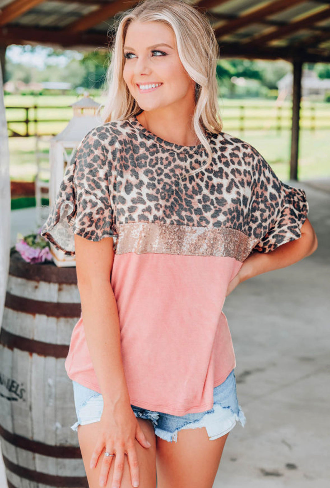 Coral Leopard Sequin Top