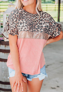 Coral Leopard Sequin Top