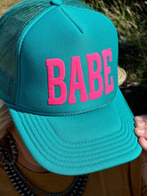 Load image into Gallery viewer, (COLLECTIVE) Babe in Pink Puff on Turquoise Trucker Cap